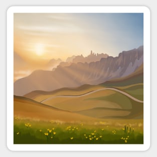 Golden Sunrise Over Hilly Green Fields and Yellow Tulips Landscape Digital Illustration Sticker